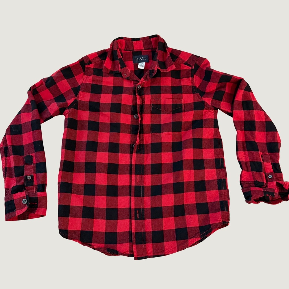 The Childrens Place Boys Buffalo Plaid Flannel Button Down Shirt Red Black 7/8